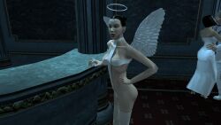 3d angel angel_halo angel_wings big_breasts black_hair bondage bondage_gear bondage_outfit breasts cleavage eve_(hitman_blood_money) female female_focus halo hitman hitman_blood_money huge_breasts io-interactive large_breasts official_art screenshot sling_bikini tied_hair video_games white_skin
