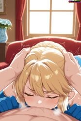 1boy 1girls absurd_res absurd_resolution absurdres ahoge ai_generated artoria_pendragon artoria_pendragon_(lancer) bangs blonde_hair closed_eyes deepthroat detached_sleeves elbow_gloves fate/grand_order fate_(series) fellatio french_braid grabbing_head hi_res high_quality high_resolution highres leotard saliva self_upload sidelocks sweat sweatdrop sweating uncensored velutinx visible_breath watermark