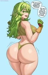 1girls arms_up back_view big_ass english english_text green_eyes green_hair huge_ass light-skinned_female light_skin long_hair looking_at_viewer looking_back looking_back_at_viewer my_hero_academia solo solo_female superbusty thick thick_ass tooru_hagakure viewed_from_behind