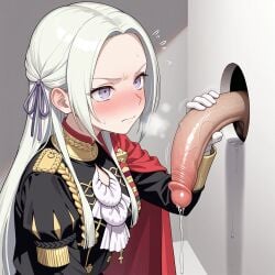 ai_generated blush blush clothed edelgard_von_hresvelg excessive_precum fire_emblem fire_emblem:_three_houses flaccid frustrated glory_hole hair_ribbon handjob heavy_breathing japaia nose_blush precum precum_drip purple_eyes uncensored uncensored_penis white_hair
