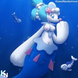 ambiguous_gender blue_hair breasts busty_feral female feral generation_7_pokemon genitals group hair hi_res kawaneodymium mermaid_tail navel nintendo nipples pink_nipples pokemon pokemon_(species) primarina solo_focus trio underwater vulva water white_body wishiwashi