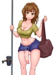 bags balls brown_hair cleavage crop_top fishing_rod futanari green_eyes penis penis_through_leghole shorts smile truth_cola