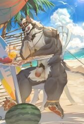 anthro balls beach beard beverage biceps black_sclera canid digit_ring ear_piercing ear_ring eyewear eyewear_on_head facial_hair feet flaccid food fruit genitals glans hi_res jewelry licking licking_lips male male_focus mammal melon muscular muscular_male necklace necklace_only nude palm_tree pawpads penis piercing plant pubes ring ring_piercing sanjin3jin solo sunglasses toe_ring toes tongue tongue_out tree vein watermelon