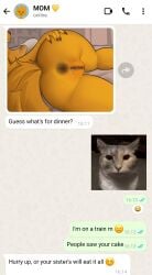2025 absurd_res anthro anus ass big_breasts big_butt bodily_fluids bottomless bottomless_anthro bottomless_female breasts canid canine canis clothed clothing domestic_cat dziero english_text felid feline felis female fluffy fluffy_tail fur genital_fluids genitals hi_res imminent_incest latte_(dziero) mammal presenting presenting_hindquarters solo tail text texting thick_thighs vaginal_fluids vulva whatsapp wide_hips wolf yellow_body yellow_fur