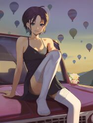 ahoge asakura_toru bare_arms bare_shoulders black_dress blue_eyes blush breasts car cleavage collarbone dress earrings feet gradient_hair idolmaster idolmaster_shiny_colors lace-trimmed_thighhighs multicolored_hair on_car outdoors parted_lips purple_hair short_hair sitting sleeveless_dress small_breasts smile spung thighhighs thighs toes white_thighhighs