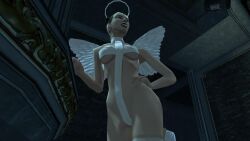 3d angel angel_halo angel_wings big_breasts black_hair bondage bondage_gear bondage_outfit breasts cleavage eve_(hitman_blood_money) female female_focus halo hitman hitman_blood_money huge_breasts io-interactive large_breasts official_art screenshot sling_bikini tied_hair video_games white_skin