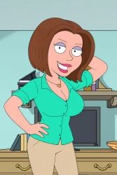 beige_pants big_breasts brown_hair family_guy gretchen_mercer posing_for_picture posing_for_the_viewer turquoise_shirt