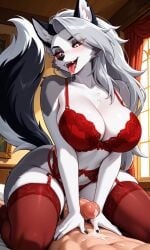 ai_generated breasts cum_in_pussy helluva_boss interspecies lingerie loona_(helluva_boss) male_on_anthro red_sclera riding riding_penis saliva sex tongue