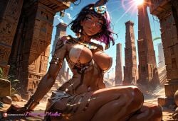 ai_generated ancient_egypt areola_slip areolae armlet bangs blue_eyes blue_eyeshadow cleavage dark-skinned_female dark_skin egypt egyptian egyptian_clothes egyptian_clothing egyptian_female egyptian_headdress egyptian_mythology goddess headwear makeup manofmidas neith_(smite) purple_hair revealing_clothes sand short_hair smite sweat underboob wet_body wet_clothes wet_skin