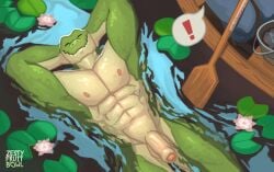 abs alligator alligatorid anthro balls boat closed_eyes crocodilian digital_media_(artwork) duo flaccid floating_on_water foreskin genitals hands_behind_head hi_res humanoid_genitalia humanoid_penis lily_pad lying male muscular muscular_anthro muscular_male nipples nude on_back outside painting_(artwork) pecs penis plant prismalic relaxing reptile scalie smile solo_focus speech_bubble swimming uncircumcised vehicle water watercraft