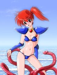 1girls asagiri_youko bikini_armor breasts female genmu_senki_leda human kuninin light-skinned_female light_skin long_hair ponytail red_hair solo tentacle