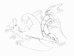 1boy 1girls aerodactyl female feral gwon interspecies kabutops male monochrome nintendo nude pokemon sex side_view source_request straight tagme text wings year_request