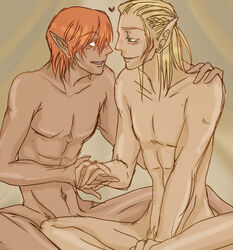 2boys artist_request blonde_hair blush color couple dragon_age dragon_age_origins elf eye_contact gay grey_warden hair_between_eyes hand_holding happy heart hug looking_at_another male male_only multiple_boys multiple_males navel nude orange_hair romantic short_hair sitting smile yaoi zevran_arainai