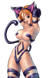 1girls animal_ears breasts brown_eyes cat_ears cat_tail catgirl cosplay darkstalkers felicia_(cosplay) female female_only kagami_(lilith-soft) large_breasts medium_breasts nami navel nude one_piece orange_hair solo tagme tail