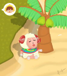 animal_crossing anthro balls beach black_eyes bodily_fluids bovid caprine clothed clothing coconut cum cumshot detailed_background dom_(animal_crossing) drupe_(fruit) ejaculation food fruit fur genital_fluids genitals hi_res horn human island male male_only mammal nintendo open_mouth outside palm_tree penis pink_body plant sand seaside sheep shirt sitting solo_focus surprised_expression t-shirt topwear tree video_games villager_(animal_crossing) whitetower wool_(fur)