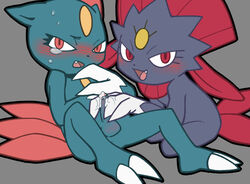 blush color cum feral fur grey_background interspecies komeko-nk male nude penis pokemon pokemon_(species) precum sitting sneasel tears testicles weavile