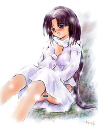 1990s 1996 1girls 20th_century after_war_gundam_x black_hair blush breasts censored dress female gundam human long_hair pale-skinned_female pale_skin pussy shirt sitting solo tagme tiffa_adill yuuichi_(tareme_paradise)