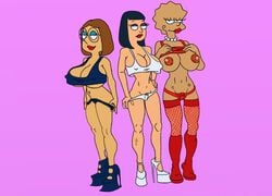 alternate_breast_size american_dad bimbo breasts cleavage crossover family_guy female female_only fishnet_stockings fishnets glasses hayley_smith high_heels huge_breasts human large_breasts lift_shirt lisa_simpson meg_griffin multiple_females multiple_girls smile the_fear the_simpsons thong