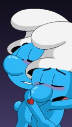 2boys against_wall anal_penetration anal_sex blue_skin blush cap closed_eyes handy_smurf heart_tattoo hefty_smurf kiss-the-iconist mouth_open no_visible_genitalia nude out_of_frame_censoring parted_lips reach_around standing_sex tagme tail the_smurfs yaoi