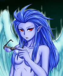 blue_hair blue_skin breasts fabled_kushano feathers glasses long_hair nude pataryouto pointy_ears red_eyes skull wings yu-gi-oh! yuu-gi-ou_duel_monsters