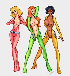 2010 3girls alex_(totally_spies) areola belt black_hair blonde_hair blue_eyes blush boots breast_fondling breast_grab breast_squeeze breasts bushido clover_(totally_spies) dark-skinned_female dark_skin erect_nipples exposed_breasts female female_only footwear green_eyes handwear hazel_eyes high_heel_boots high_heels human multiple_females multiple_girls nipples open_clothes orange_hair pale_skin pussy red_hair redhead sam_(totally_spies) thigh_boots thighhigh_boots totally_spies trio yellow_eyes