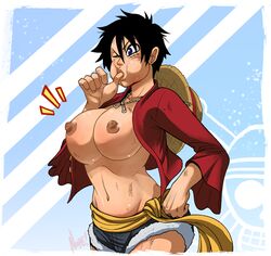 1girls areola black_hair blowing_thumb breast_expansion breast_inflation breasts busty cleavage clothes color erect_nipples exposed_breasts female female_only gomu_gomu_no_mi hair hat hourglass_figure human jean_shorts luffyko monkey_d_luffy nipples nopeavi one_piece open_clothes rule_63 short_hair solo straw_hat voluptuous wink