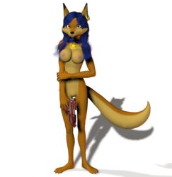 3d blue_hair breasts carmelita_fox color exposed_breasts female female_only fox front_view fur furry furry_breasts nude pussy sly_cooper_(series) smooth_fur solo standing transparent_background unrealfox