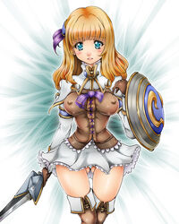 1041_(toshikazu) 1girls blonde_hair blush boots clothed erect_nipples female gloves green_eyes long_hair nervous nipple_bulge pyrrha_alexandra shield skirt solo soul_calibur soul_calibur_v sword thigh_boots thigh_gap thighhigh_boots thighhighs weapon