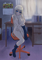 bed bedroom blonde_hair blue_eyes blush book box calendar_(object) chair curtains dark desk female hand_between_legs indoors kazuki_kisuke knee_up leg_hug legs long_hair low-key_lighting nude office_chair original pubic_hair sitting socks solo thighs