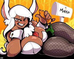 1girls big_breasts brown_skin bunny_ears bunny_girl bunnysuit fit_female laying_down legendofnerd looking_at_viewer miruko muscles muscular_female my_hero_academia pantyhose rumi_usagiyama solo solo_female tagme white_hair