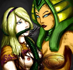 arcanists_series blonde_hair bondage bra breasts breasts_out cassiopeia_du_couteau cleavage erect_nipples exposed_breasts female femdom femsub gag gagged improvised_gag league_of_legends luxanna_crownguard ninjaviking nipples spellthief_lux tentacle_gag torn_clothes torn_shirt