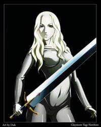 blonde_hair bodysuit breasts claymore clothing female grey_eyes looking_at_viewer pale-skinned_female pale_skin silver_eyes sword teresa_(claymore) wavy_hair