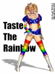 1girls 3d black_choker blue_skirt clothing full_body midriff pubic_hair rainbow_brite rainbow_brite_(character) rainbow_legwear simple_background skirt_lift skittles skittles_(candy) solo stockings tagme the_pitt twintails white_background