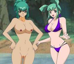 2girls big_breasts bikini female female_only green_hair leo leo_(yu-gi-oh!) lua_(yu-gi-oh!) luka_(yu-gi-oh!) luna_(yu-gi-oh!) multiple_girls rule_63 twintails vagina yu-gi-oh!