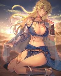 1girls absurdres alternate_costume armlet armor belly_dancer belly_dancer_outfit blonde_hair breasts choker cleavage commission crop_top dark-skinned_female dark_skin female female_only fire_emblem fire_emblem:_the_binding_blade fujikawa_arika harem_outfit hawkeye_(fire_emblem)_(cosplay) highres igrene_(fire_emblem) jewelry large_breasts long_hair midriff mole mole_under_eye necklace nintendo non-web_source sandals skeb_commission solo yellow_eyes