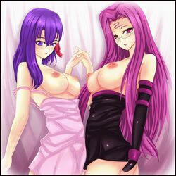 2girls dress fate/stay_night fate_(series) large_breasts long_hair medusa_(fate) multiple_girls nipples pink_hair sakura_matou tagme topless violet_hair