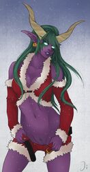 1girls christmas clean clothes dragon elbow_gloves elf green_eyes green_hair jinxii long_hair pubic_hair purple_skin pussy_slip shorts snow solo world_of_warcraft ysera