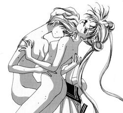 1990s 1995 20th_century 2girls bishoujo_senshi_sailor_moon black_and_white clothing embracing female female_only haruka_tenou matsuo_yuriko monochrome nude small_breasts sweat tagme usagi_tsukino yuri