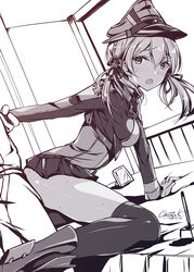 1boy admiral_(kantai_collection) anchor_hair_ornament bent_over blush boots breasts desk doggy_style female gloves greyscale hair_ornament hat highres holding_another's_arm implied_sex indoors kantai_collection knee_boots kobayashi_chisato large_breasts long_hair looking_at_viewer low_twintails military military_uniform monochrome naval_uniform on_desk open_mouth peaked_cap prinz_eugen_(kantai_collection) signature skirt skirt_up sweat thighhighs twintails uniform