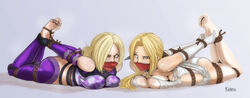 2girls arms_behind_back ass barefoot blonde_hair bodysuit bondage bound bound_ankles bound_wrists breast_press breasts cleavage crossover dead_or_alive dress elbow_gloves female female_only femsub fishnets fully_clothed gag gagged gloves helena_douglas highres hogtie kidetic kusujinn large_breasts long_hair multiple_girls multiple_subs nina_williams on_stomach ponytail rope simple_background soles tape_gag tekken thighhighs tied_hair white_dress white_gloves white_legwear