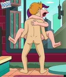 1boy 1girls barefoot famous-toons-facial female fucked_silly futurama male moaning nude open_mouth orgasm philip_j_fry purple_hair tagme turanga_leela