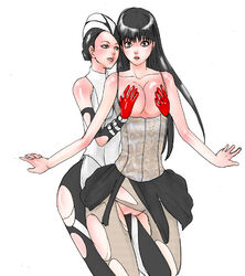 2girls black_hair breast_grab breasts breasts_out dead_source female female/female female_focus female_only gloves grope_from_behind groping groping_breasts groping_from_behind hair_bun hana_(kamen_rider) hat kamen_rider kamen_rider_den-o_(series) long_hair mouth_open multiple_girls naomi_(kamen_rider) open_mouth pussy pussy_exposed pussy_out red_gloves ripped_clothing ripped_pants ripped_skirt ripped_tights short_hair skirt surprised surprised_expression tights torn_clothes torn_pants torn_skirt torn_tights vagina vagina_out watch yuri