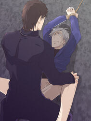 2boys anal bondage bottomless bound_wrists fate/stay_night fate/zero fate_(series) gay kariya_matou kirei_kotomine male rope scar spread_legs tagme wide_eyed yaoi