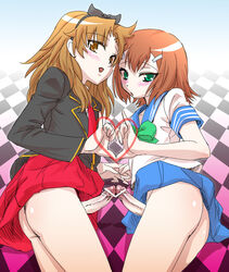 2boys baka_to_test_to_shoukanjuu brown_eyes brown_hair censored crossdressing femboy frottage girly green_eyes heart kinoshita_hideyoshi male_only otoko_no_ko penis_under_skirt penises_touching school_uniform skirt tagme trap trap_on_trap yaoi yoshii_akihisa