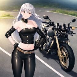 1girls ai_generated big_breasts black_gloves black_pants black_strapless cleavage cowboy_shot fire_emblem fire_emblem:_radiant_dawn gloves ground_vehicle hands_on_hips leather long_hair looking_at_viewer micaiah_(fire_emblem) midriff motor_vehicle nai_diffusion nintendo outdoors smile solo stable_diffusion strapless