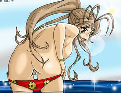 1girls 2011 antenna_hair armlet ass belldandy bikini blue_eyes brown_hair facial_markings female jewelry looking_back nude oh_my_goddess! public_nudity pussy rings single_braid sky small_breasts sseanboy23 sun swimsuit thigh_gap undressing very_long_hair water