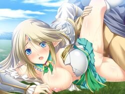 1boy armor blonde_hair blue_eyes blush bottomless breasts broken_armor censored cleavage clothed_sex defeated elf erection female from_behind game_cg grass kasou_shinshoku kristina_arcadelt large_breasts long_hair looking_at_viewer looking_to_the_side lying male_human/female_elf midorigi_mura mosaic_censoring nipples open_mouth out_of_frame outdoors penis pointy_ears rape sex shiny shiny_skin solo_focus spread_legs sweat torn_clothes