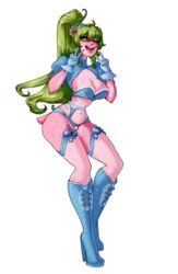 2015 alpha_channel anthro big_breasts blue_skin boots bow bra breasts cleavage clothed clothing female flower gloves green_eyes green_hair hair hi_res high_heeled_boots legwear long_hair looking_at_viewer navel open_mouth panties pink_skin plant pussy rebeccacablah shirt smile solo standing stockings teeth thigh_high_boots thigh_highs tongue underwear unknown_species