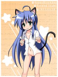 1girls artist_request blue_hair cat_ears cat_tail clothed female female_only green_eyes konata_izumi long_hair lucky_star neko nekogirl nekomimi pussy solo tagme