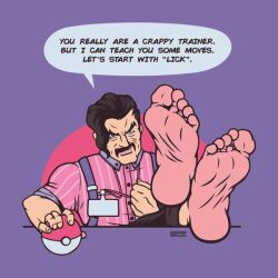 black_hair daddy feet foot_fetish imminent_foot_lick male male_feet male_only mature mr._saguaro muscles muscular muscular_male older_male pokeball pokemon pokemon_sv purple_background redfortbear solo_male speech_bubble teacher